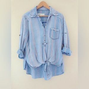 Vintage Havana Blue Chambray Long Sleeve Button Tie Front Top Womens Small